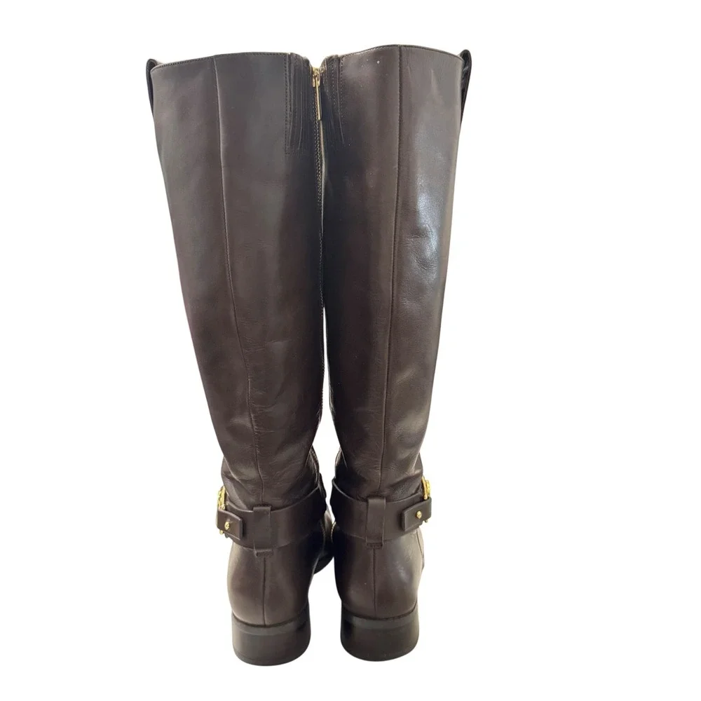 Michael Kors Brown Leather Riding Boots MK Logo Buckle Side‎ Zip Women Size 7.5M - Picture 5 of 10